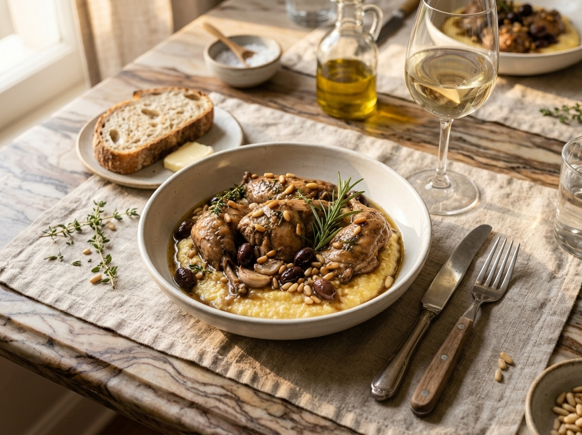 Bowl of Ligurian braised rabbit with olives and pine nuts served over soft polenta with a glass of Vermentino