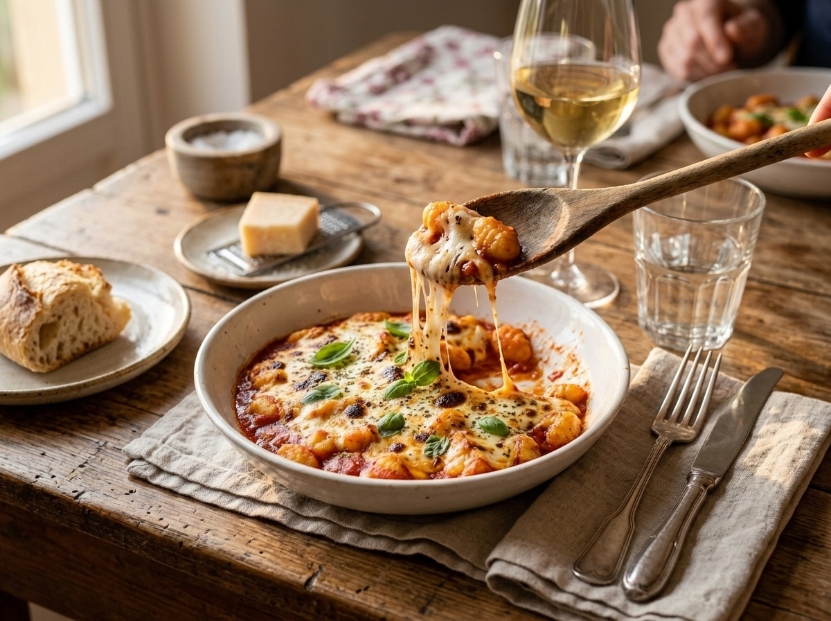White bowl of gnocchi alla sorrentina with stretchy melted mozzarella and basil beside a glass of white wine