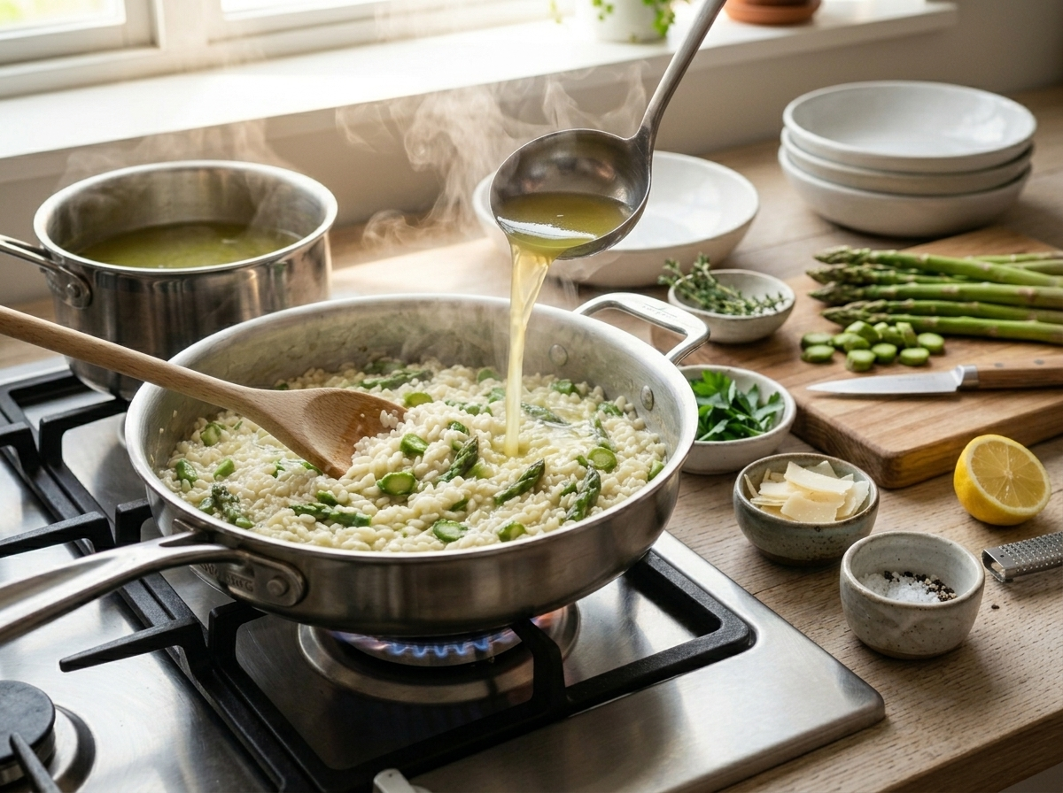 Wooden spoon stirring asparagus risotto in a saute pan as a ladle of hot broth is added during cooking