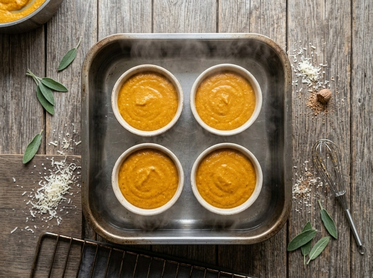 Four pumpkin ricotta-filled ramekins in a water bath ready to go into the oven for baking