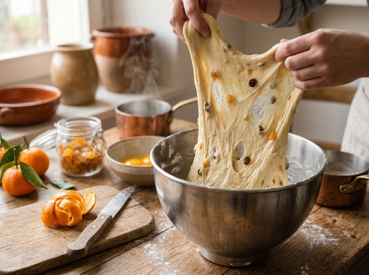 Hands stretching enriched panettone dough in a windowpane test above a stand mixer bowl showing gluten development