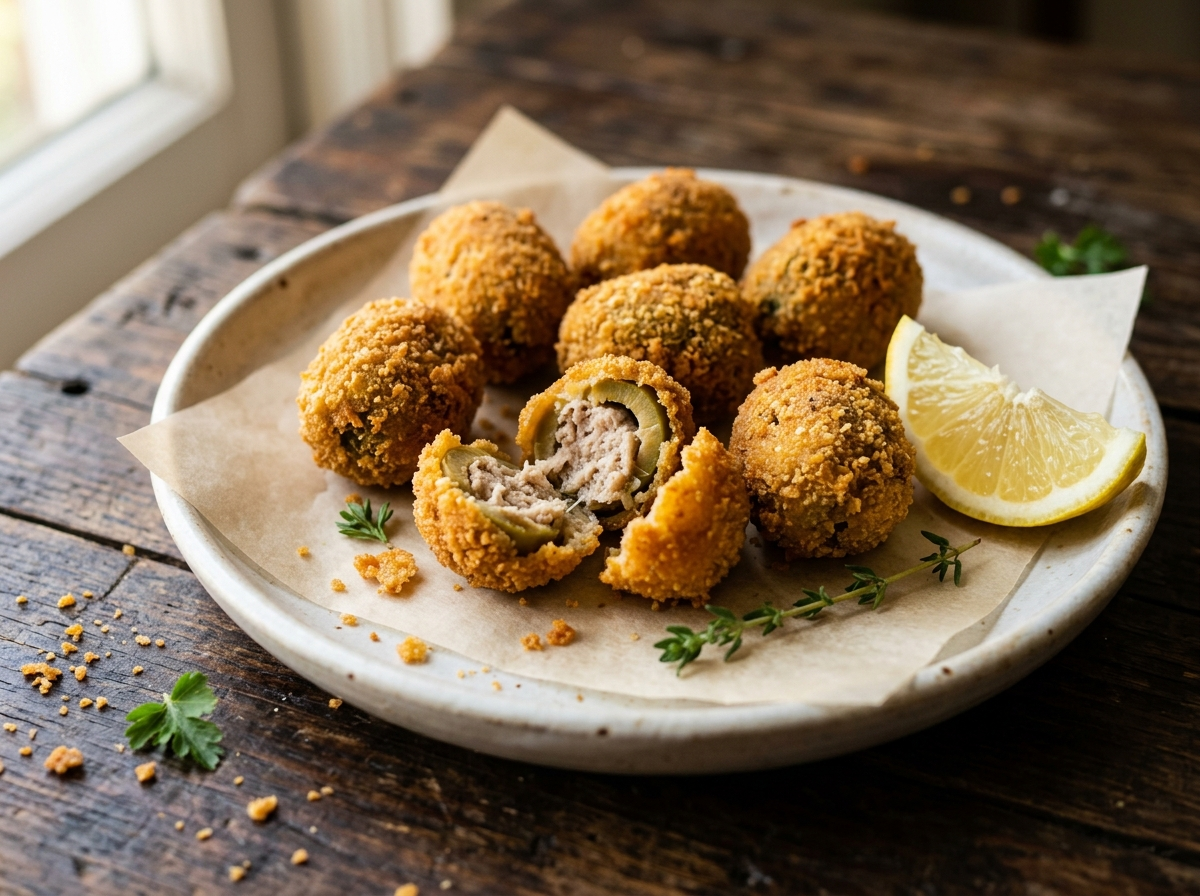 Golden fried olive all'ascolana on parchment, one split open to show the savory meat filling inside, with a lemon wedge
