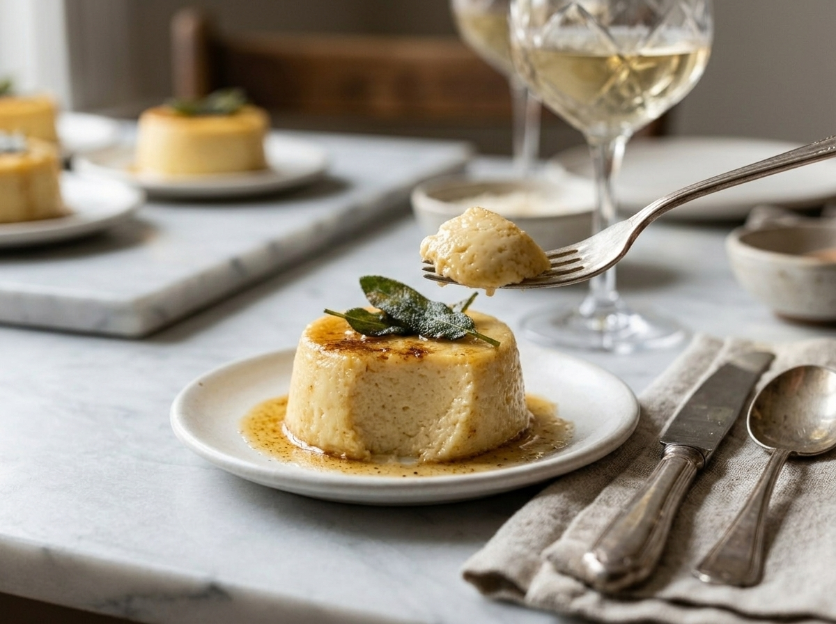Single flan di parmigiano unmolded on a warm plate with brown butter sauce and crispy sage leaves
