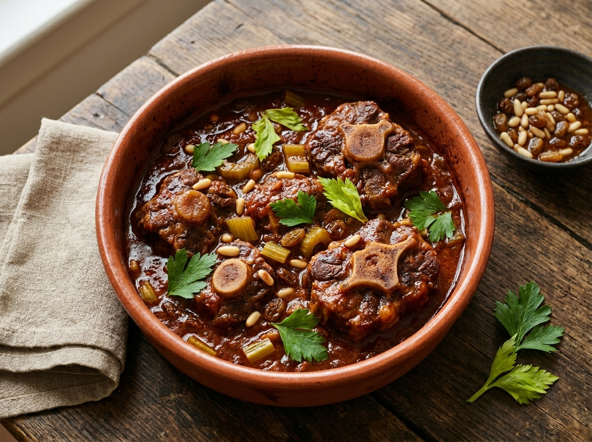 Coda alla vaccinara Roman oxtail stew in terracotta dish with tomato sauce, pine nuts, and raisins