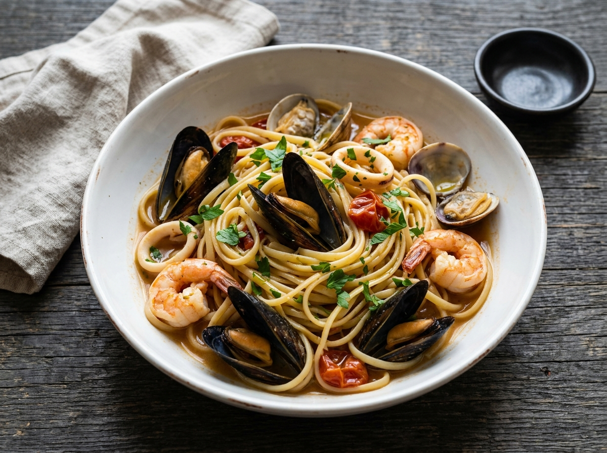Linguine allo scoglio in a white bowl with open mussels, clams, shrimp, squid, and cherry tomatoes in briny broth
