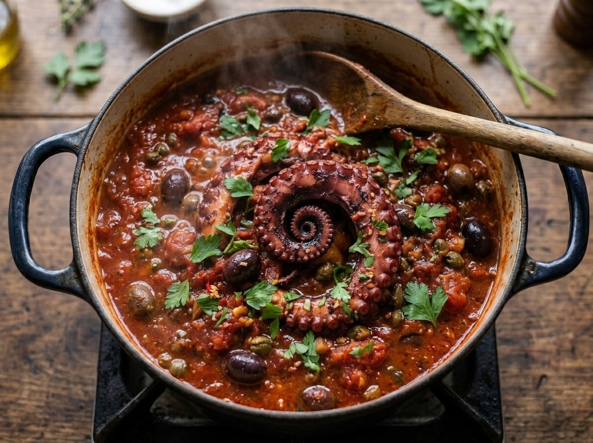 Whole raw octopus in a Dutch oven with crushed tomatoes, black olives, and capers ready to braise on a stovetop.