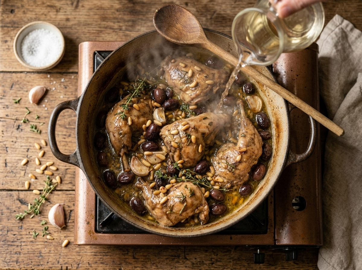 Rabbit pieces searing in a hot Dutch oven with white wine deglazing and wooden spoon on the stovetop