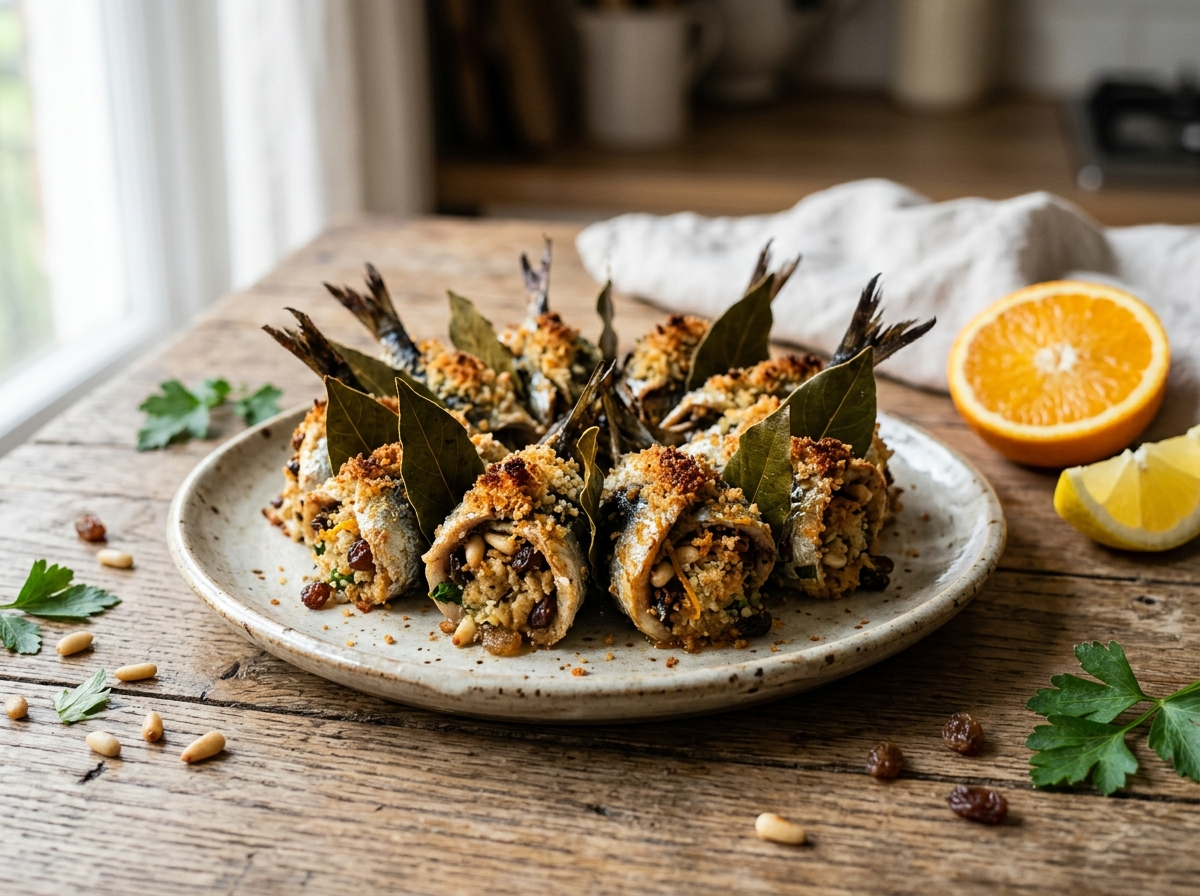 Sarde a beccafico baked in a terracotta dish, sardine rolls standing upright with golden breadcrumb tops and bay leaves