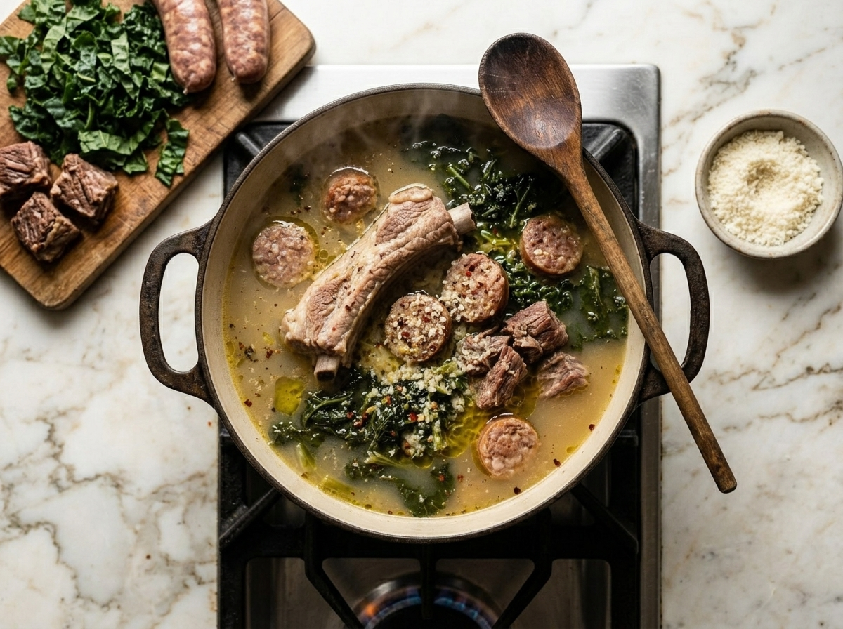 Large stockpot with pork ribs and vegetables simmering in pale broth for Neapolitan minestra maritata