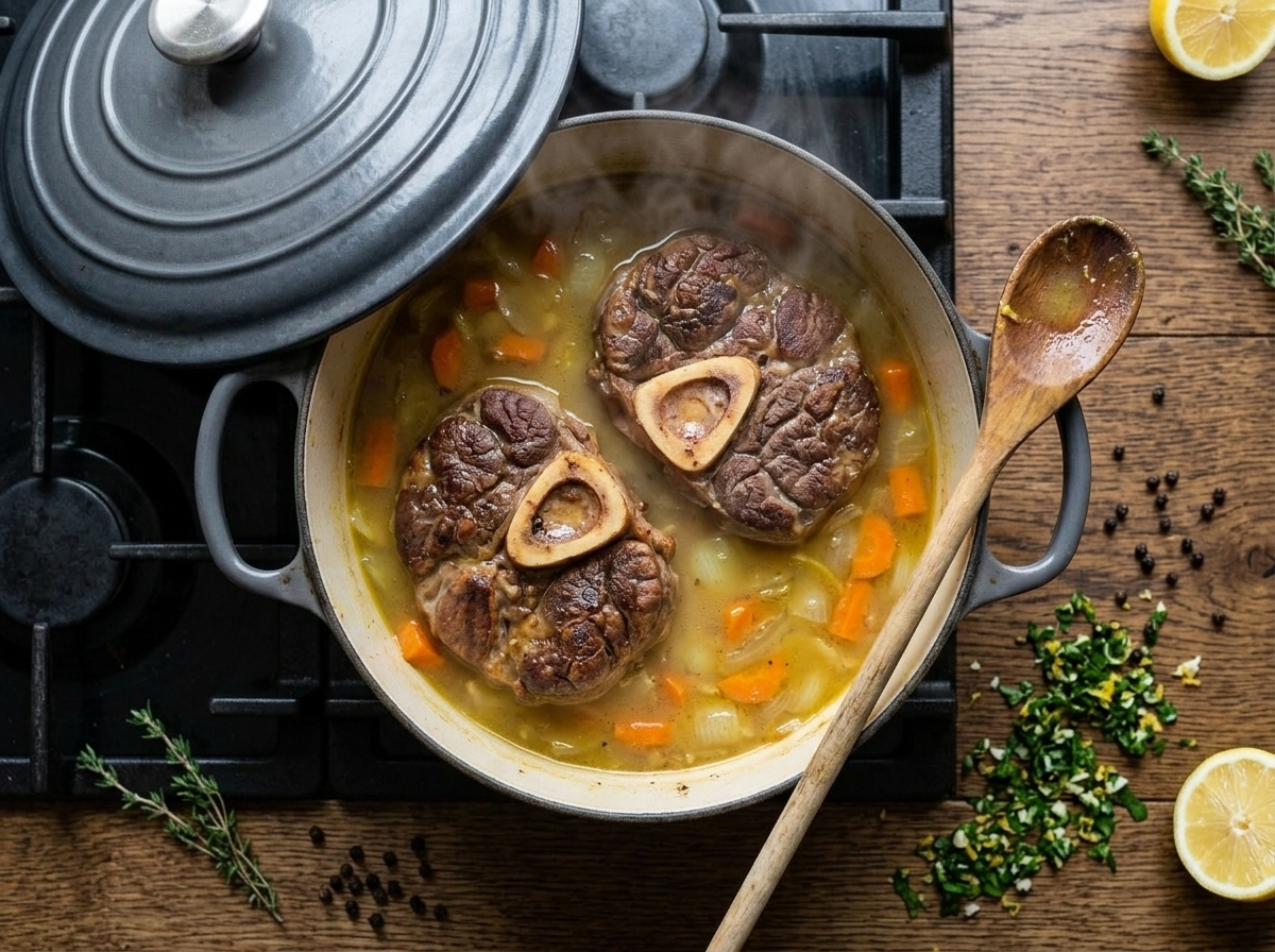 Veal shanks braising in white wine and vegetable broth in a Dutch oven on the stovetop, lid ajar