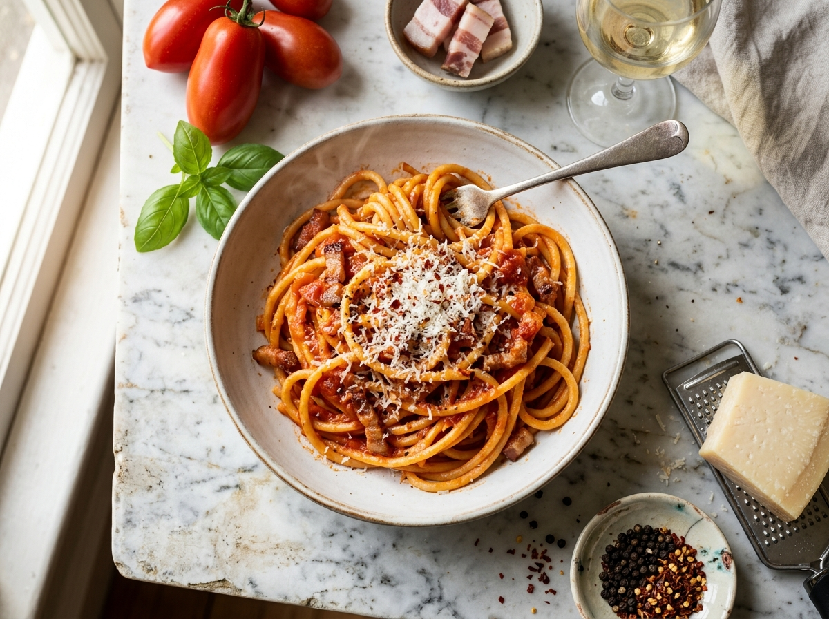 Bucatini all'Amatriciana in a white bowl with guanciale, San Marzano tomato sauce, and grated Pecorino Romano