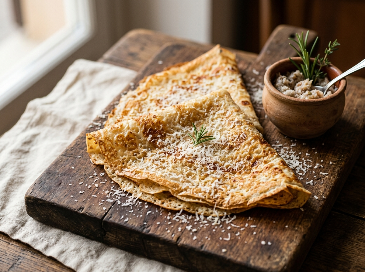 Two crispy borlengo modenese folded in quarters on a wooden board with Parmigiano and cunza beside them