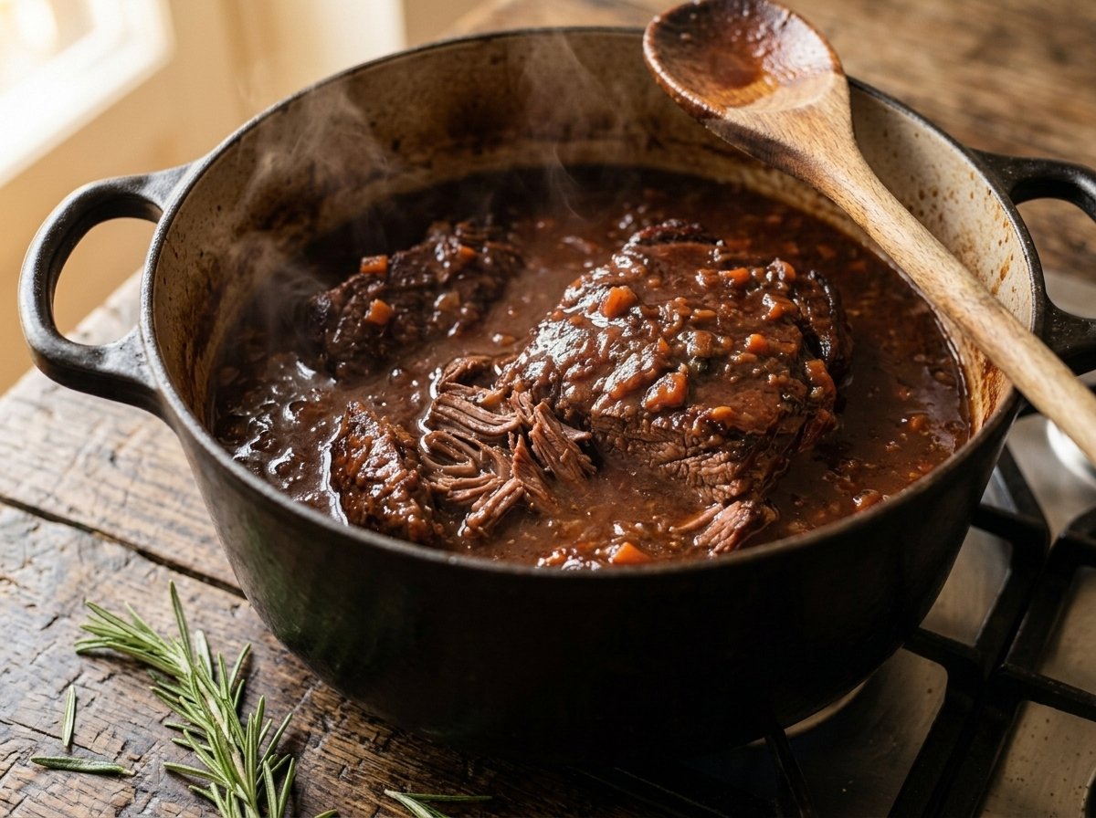 Chuck roast braising in red wine and vegetable soffritto inside a black cast iron Dutch oven on the stovetop