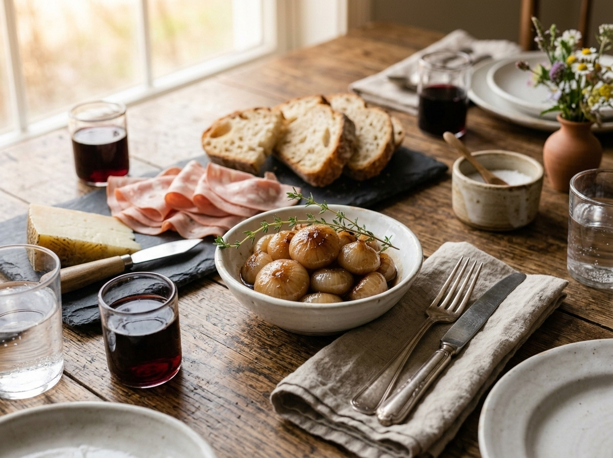 Cipolline in agrodolce served on a rustic table beside mortadella, pecorino, and red wine
