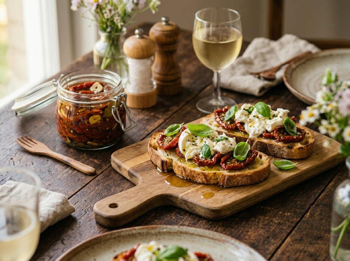 Sun-dried tomatoes in olive oil served on toasted sourdough with burrata and fresh basil on a wooden board