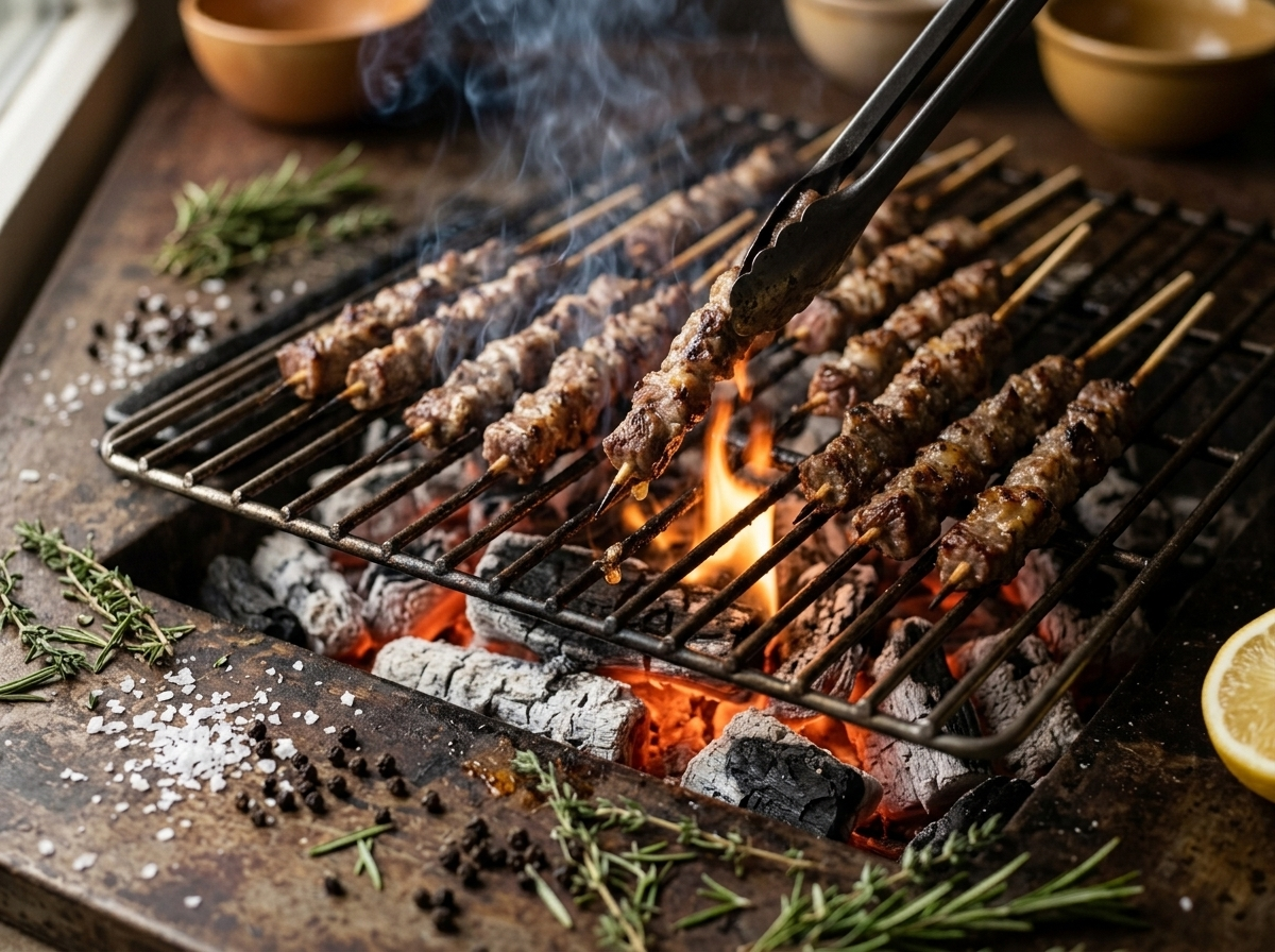 Lamb arrosticini skewers rotating on a charcoal grill over white-hot embers with fat dripping and small flames