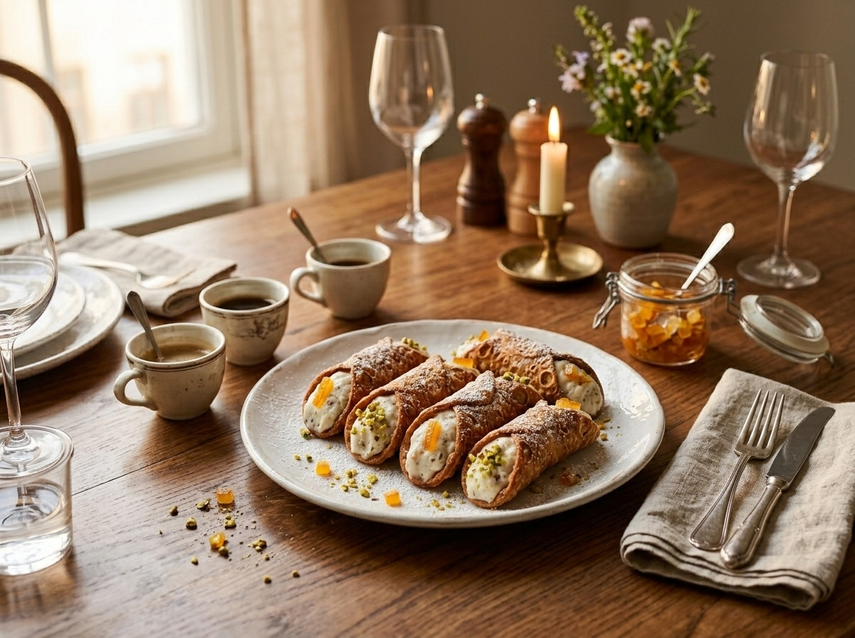 Plate of filled Sicilian cannoli with powdered sugar beside espresso cups on a wooden dining table