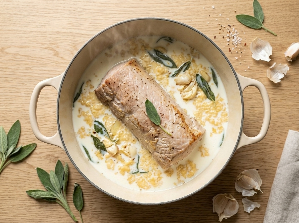 Pork loin braising in whole milk with golden curds forming in an enameled Dutch oven