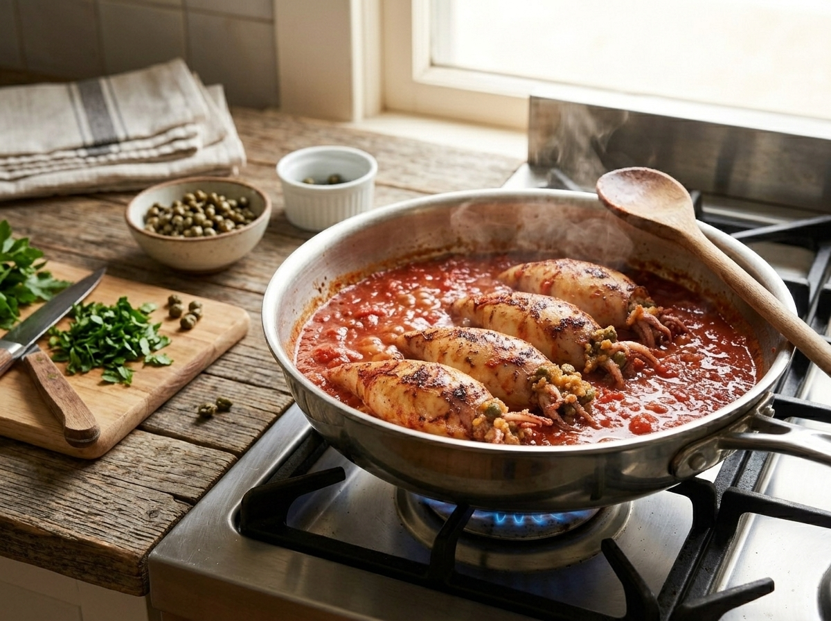 Stuffed flying squid being lowered into bubbling tomato sauce in a saute pan on the stovetop