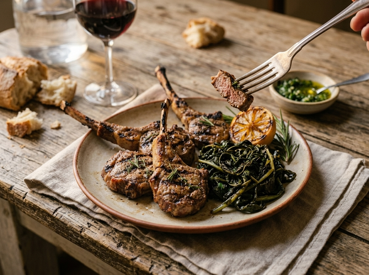 Plated Roman scottadito lamb chops with braised greens, red wine, and bread on a rustic wooden table