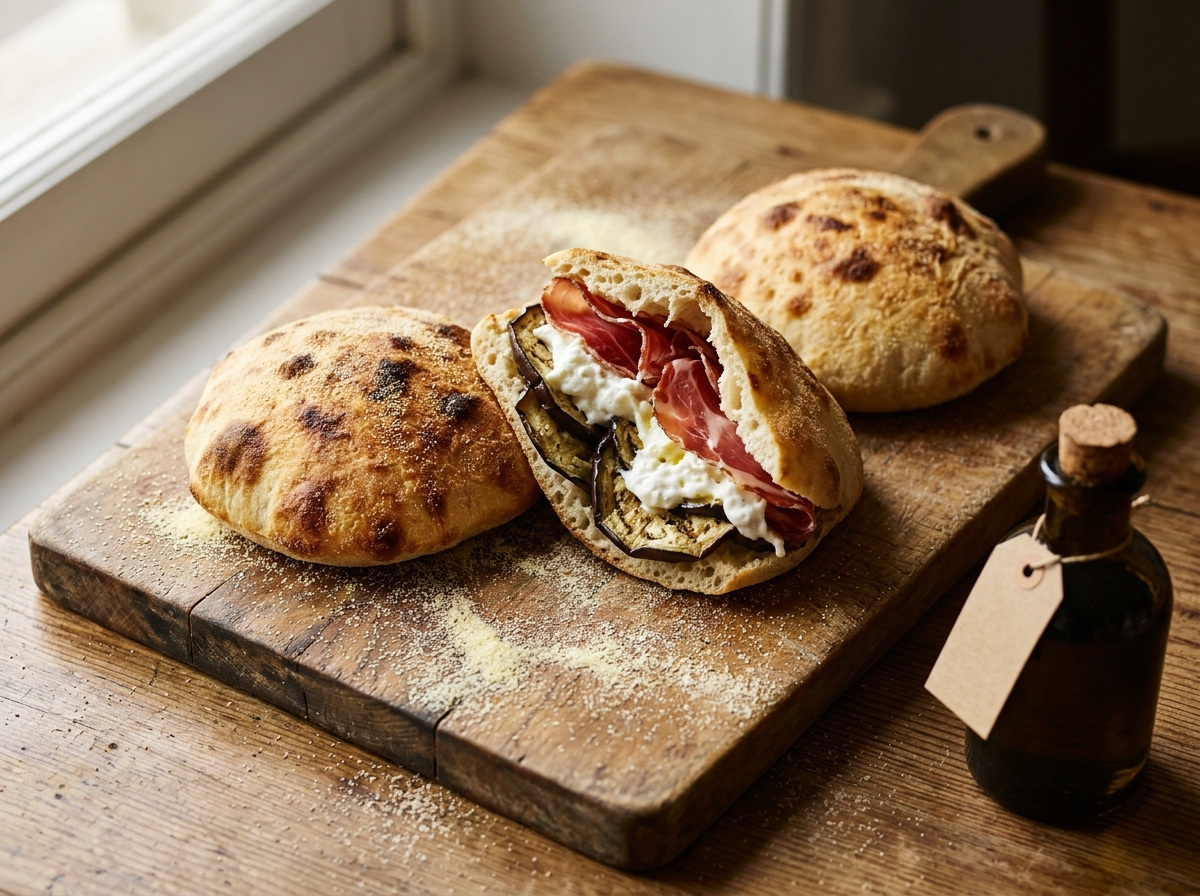 Three puccia salentina rolls on a wooden board, one split open with capocollo, burrata, and grilled eggplant filling