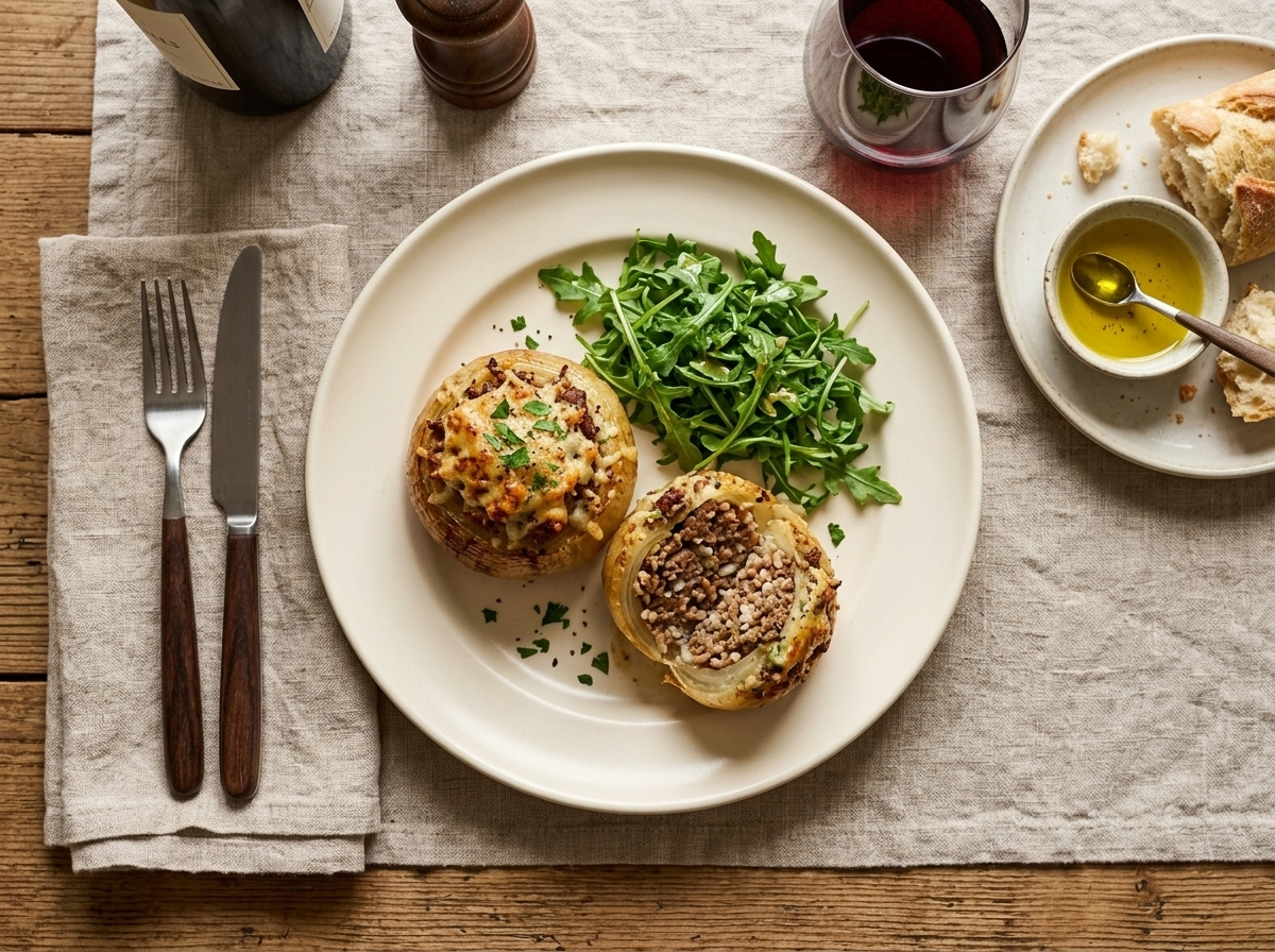 Two stuffed baked onions on a cream plate, one sliced open to show meat filling, red wine glass alongside