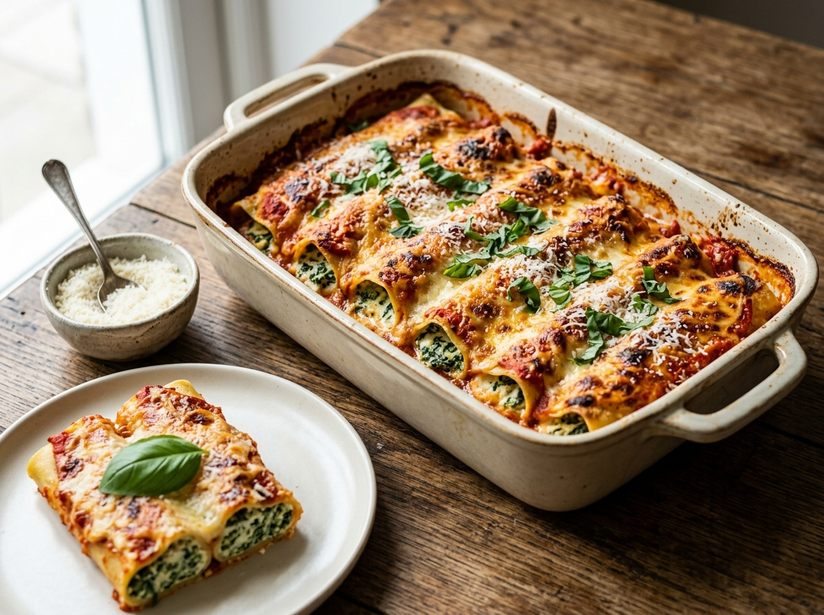Baked cannelloni ricotta e spinaci in ceramic dish with golden béchamel crust and cross-section showing green filling