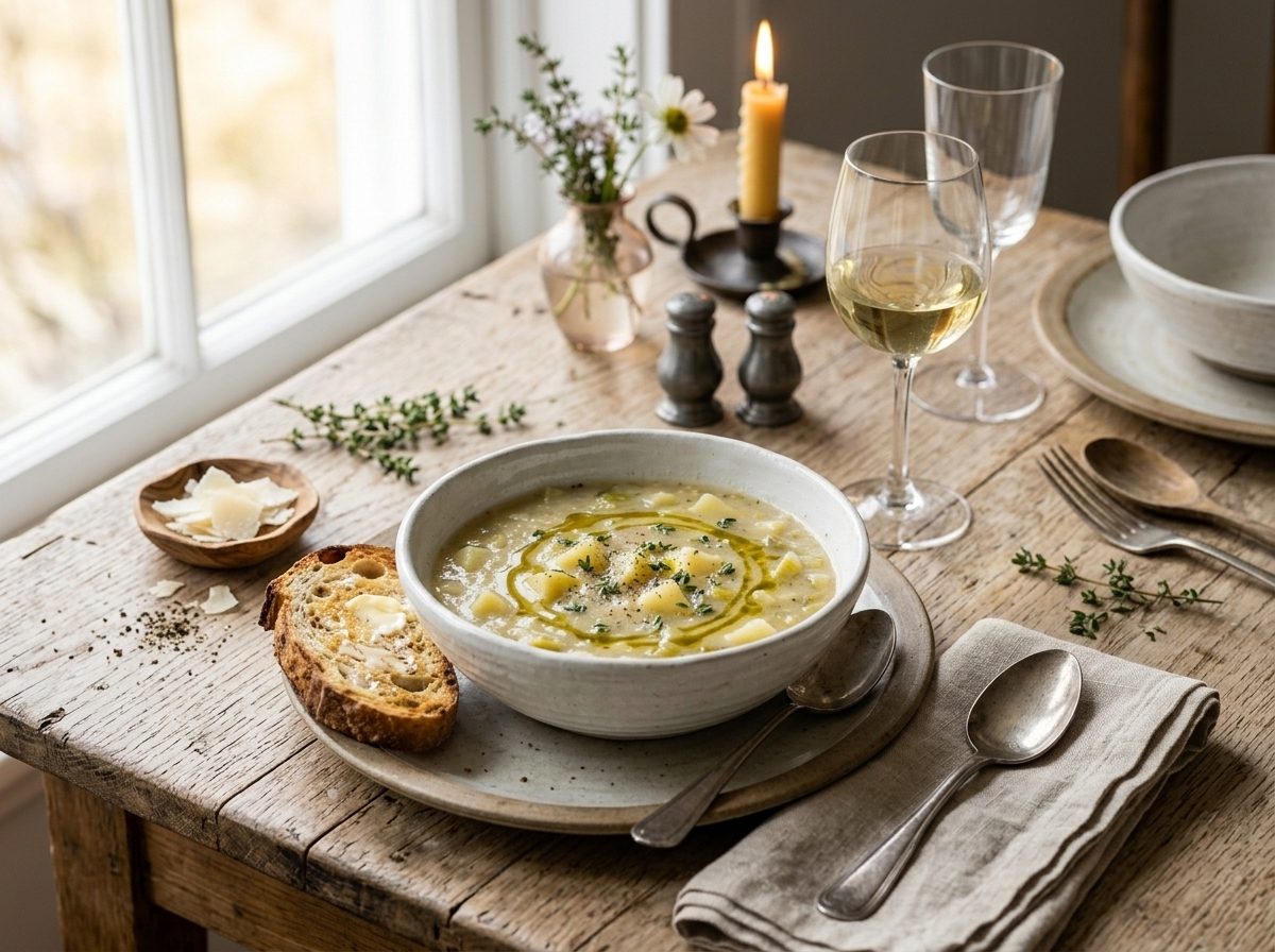 Bowl of zuppa di porri e patate served with toasted sourdough and a glass of white wine on a wooden dining table