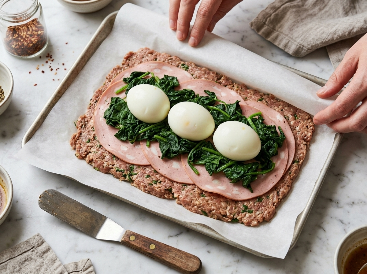 Raw polpettone ripieno assembled on parchment with hard-boiled eggs, spinach, and mortadella ready to roll