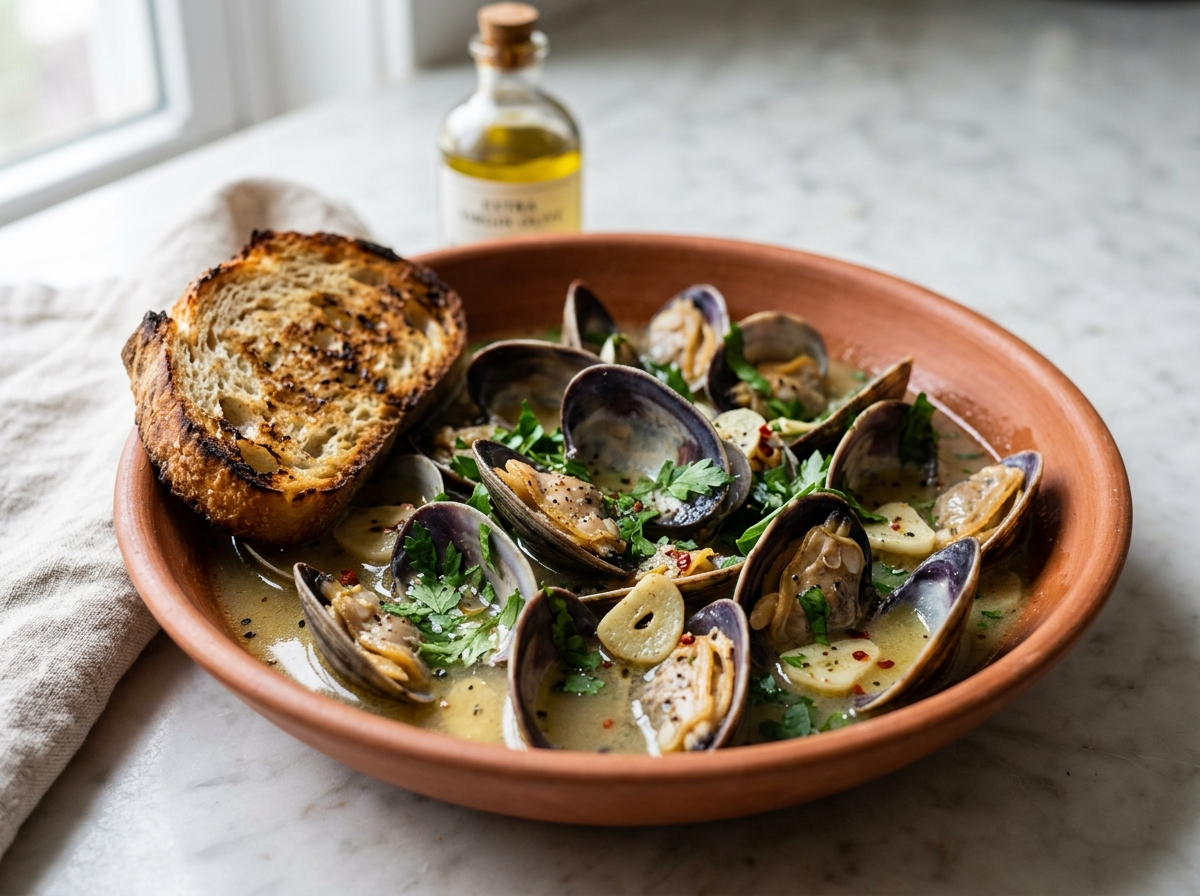 Sauté di vongole in a terracotta bowl with open clams, white wine broth, garlic slices, and fresh parsley