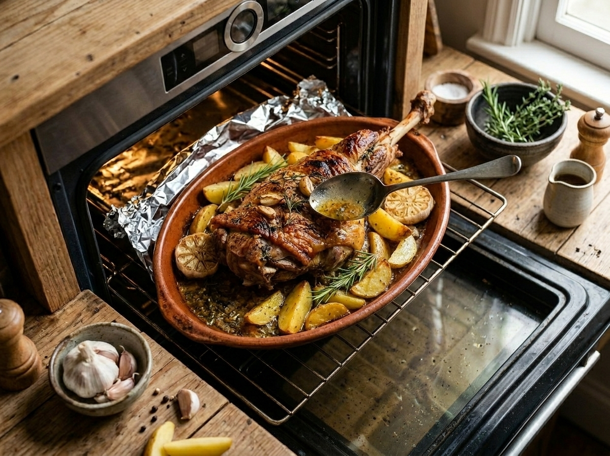 Basting bone-in kid goat pieces in a roasting pan with white wine and herb pan juices mid-cook