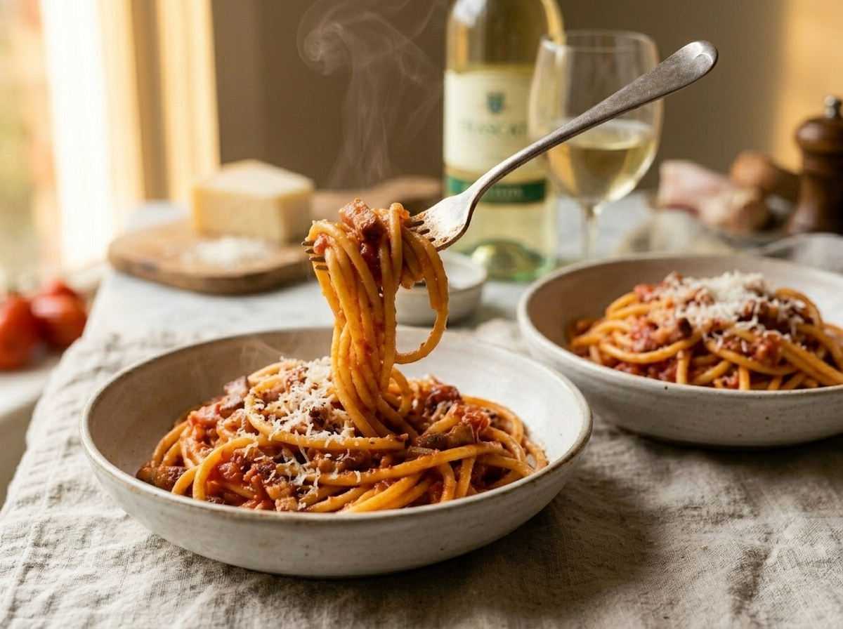 Two bowls of Bucatini all'Amatriciana on a linen table with Pecorino wedge and Frascati wine alongside