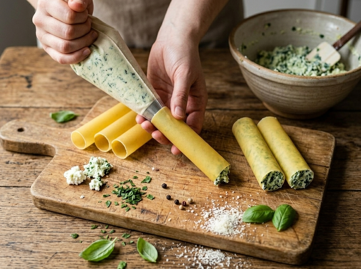 Piping ricotta and spinach filling into a dried cannelloni tube on a wooden board before baking