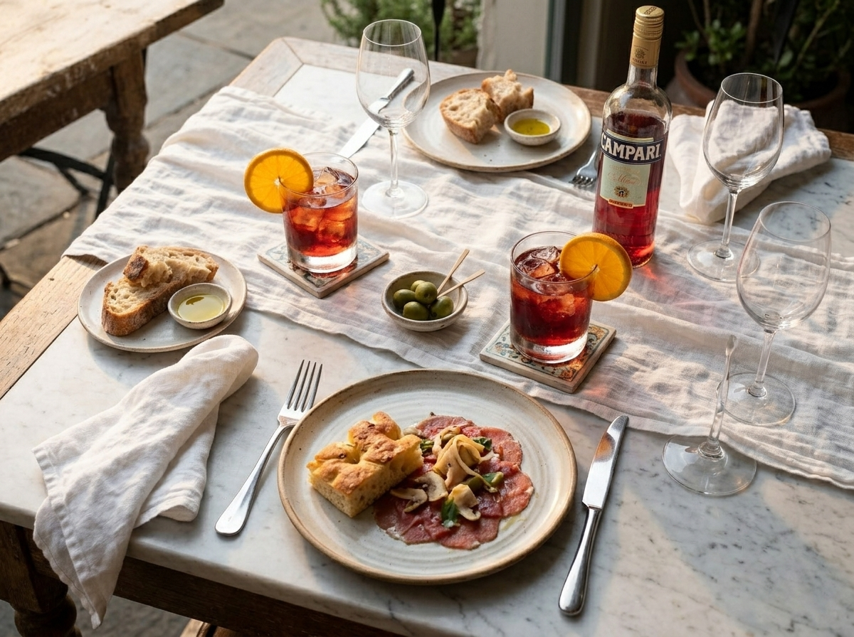 Two Americano cocktails served outdoors on a linen table with Campari bottle and orange slices