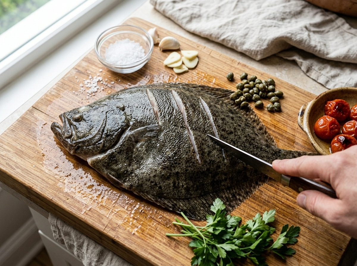 Scoring the skin of a raw whole turbot with a sharp knife before seasoning and roasting Italian-style