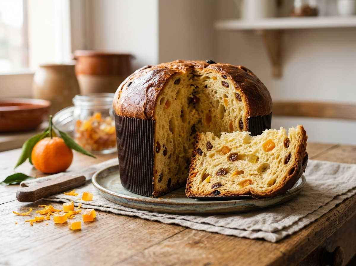 Homemade panettone in paper mold on wooden board, sliced to show golden crumb with raisins and candied orange peel