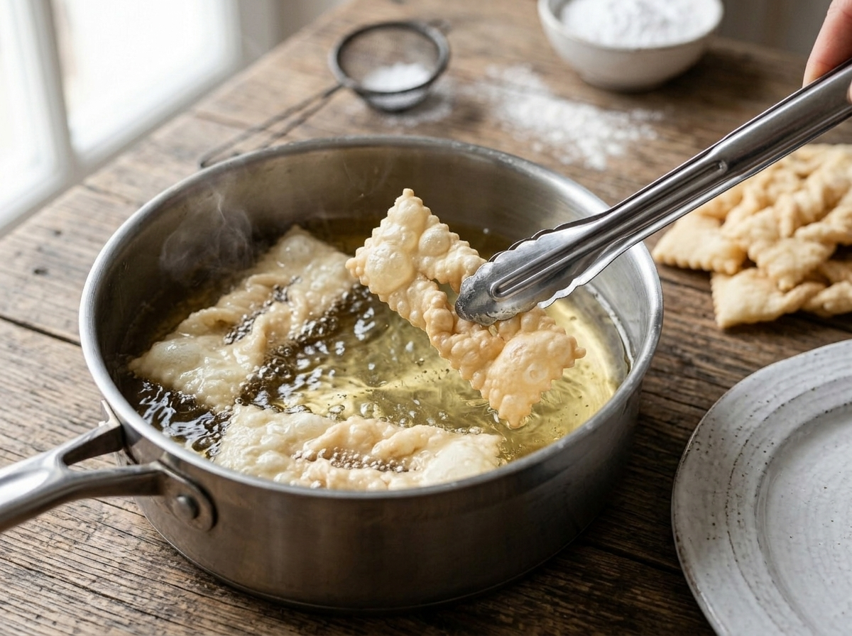 Chiacchiere frying in hot oil in a deep saucepan, blisters forming on the thin dough ribbons, tongs turning one piece