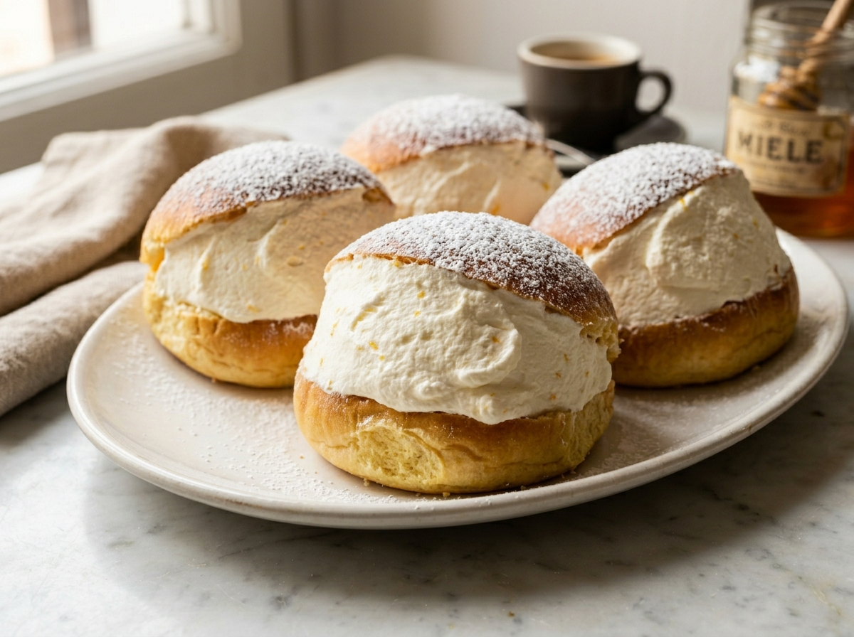 Four maritozzi romani con panna on a white plate, split open and filled with thick whipped cream, dusted with powdered sugar