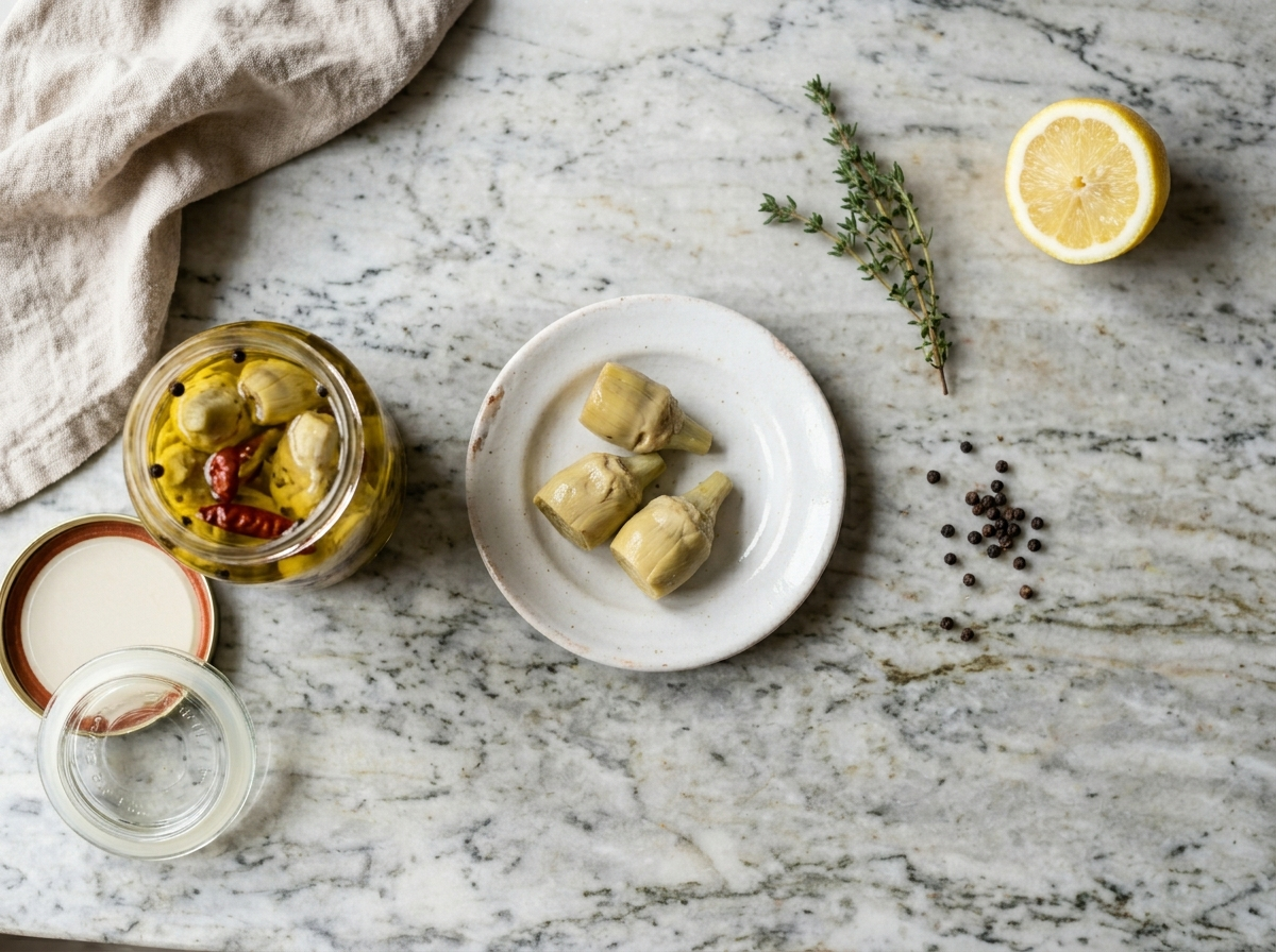 Two glass jars of carciofini sott'olio with garlic and bay leaves in olive oil on a marble surface