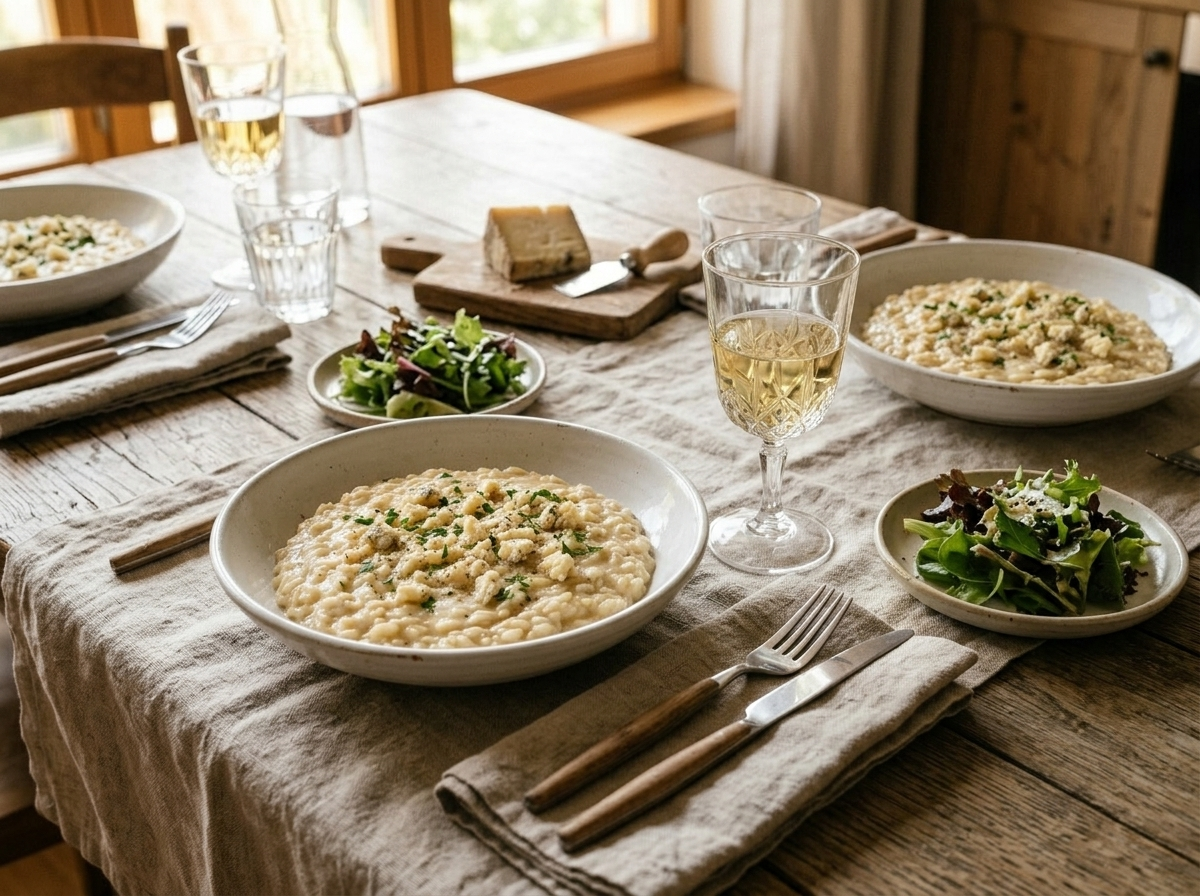 Two bowls of Risotto al Castelmagno on a linen tablecloth with a glass of white wine and a wedge of Castelmagno