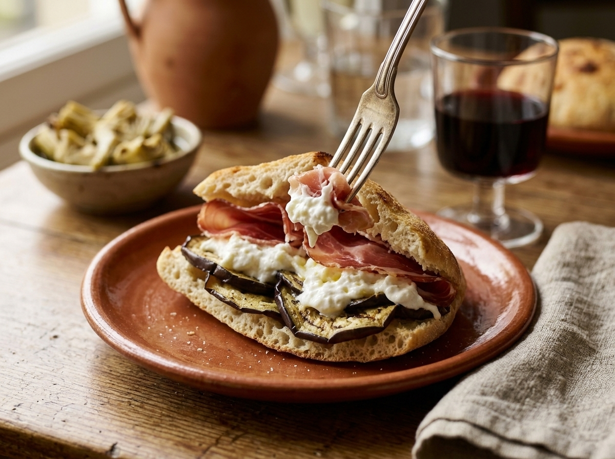 Puccia salentina filled with capocollo and burrata on a terracotta plate with a glass of Primitivo wine