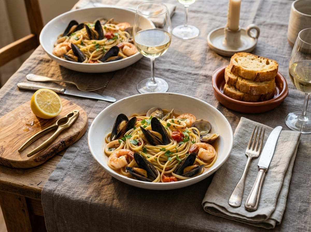 Two bowls of linguine allo scoglio with shellfish on a linen tablecloth beside a glass of white wine and bread