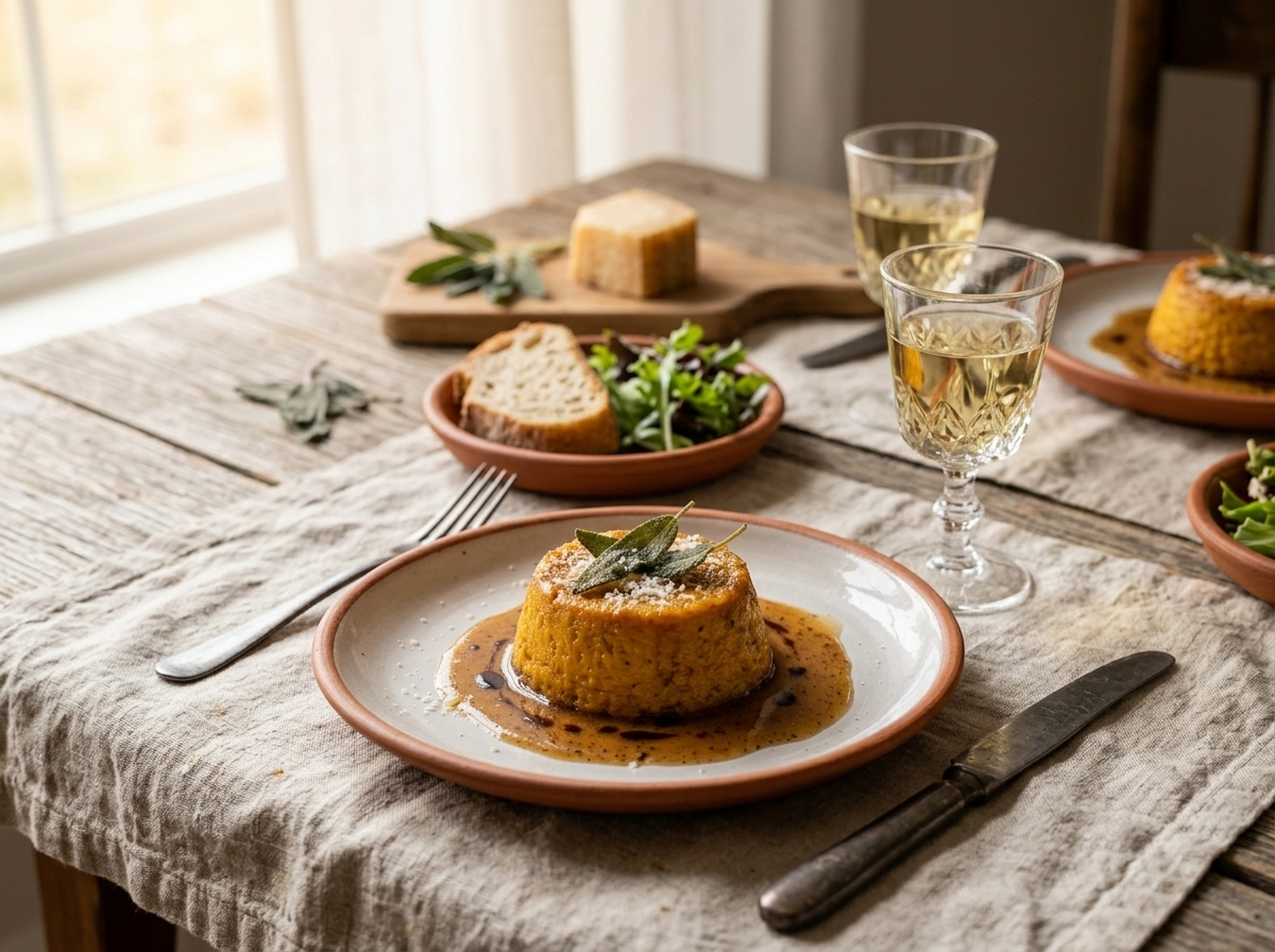 Two plated sformati di zucca on a wooden table with a glass of white wine and Parmesan wedge