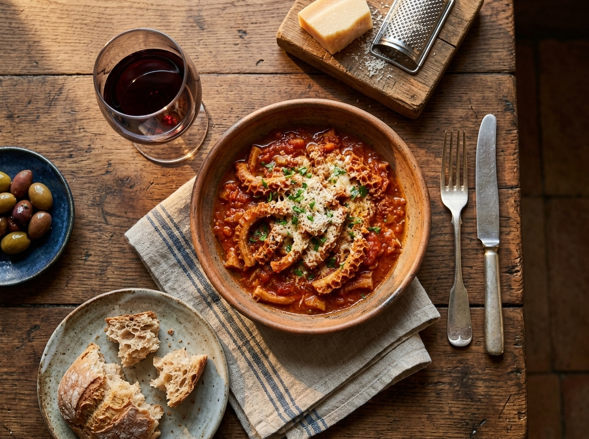 Bowl of Florentine tripe with red wine and Parmigiano block on a rustic wooden table