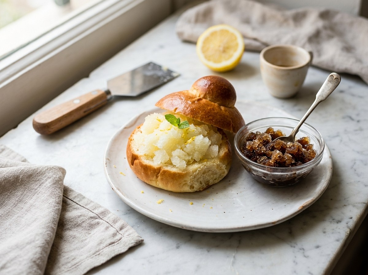 Brioche col tuppo split open and filled with lemon granita crystals on white marble, coffee granita in background