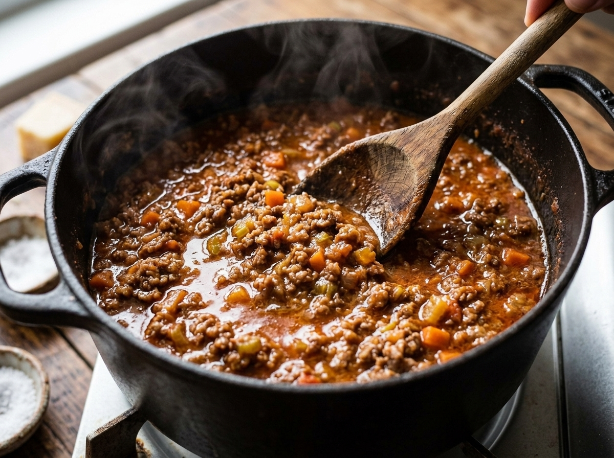 Bolognese meat ragù simmering in a Dutch oven with a wooden spoon stirring the thick sauce
