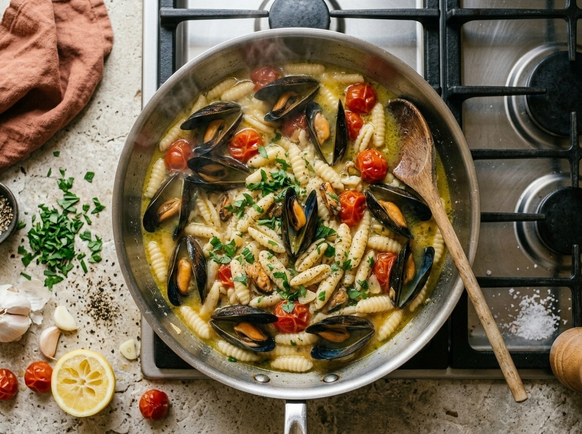 Mussels opening in white wine and cherry tomato broth in a wide skillet with steam rising during cooking