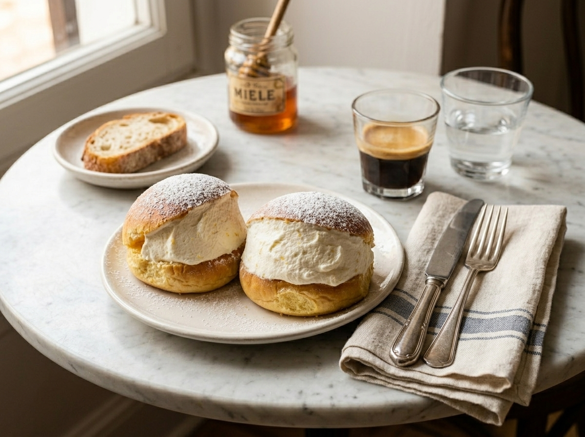Two filled maritozzi con panna on a white plate beside an espresso glass at a marble breakfast table