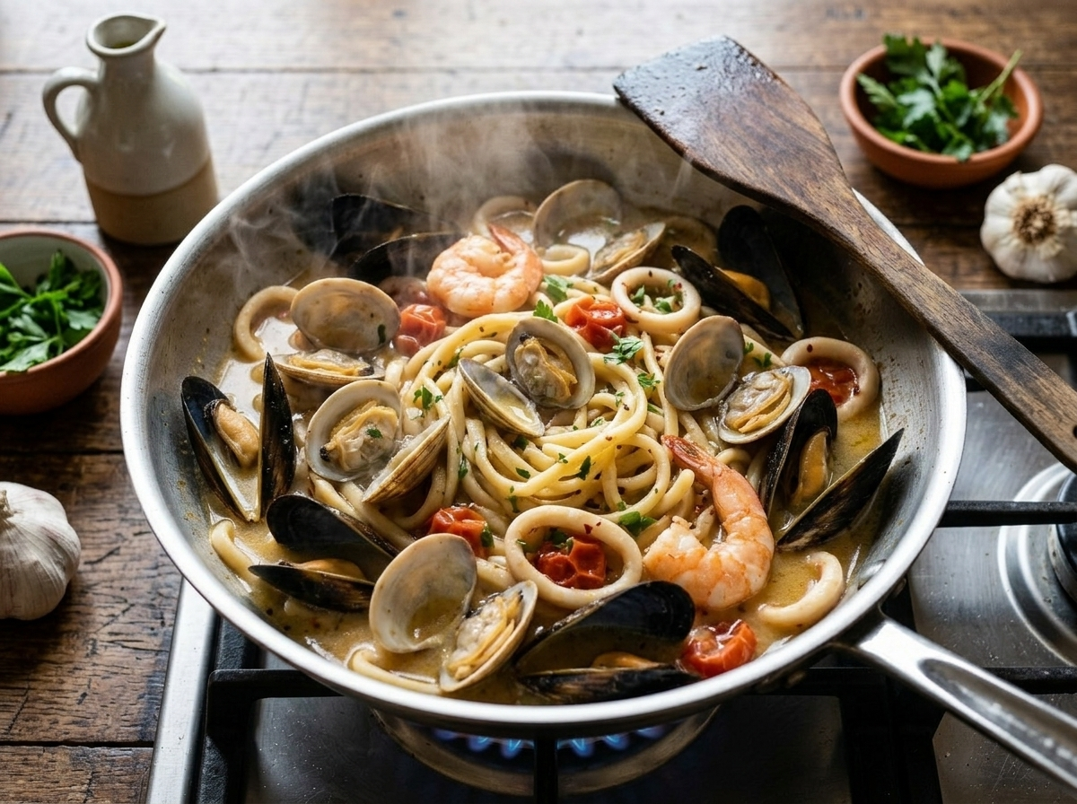 Clams and mussels steaming open in white wine garlic broth with cherry tomatoes in a wide skillet