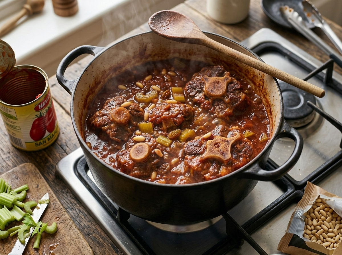 Oxtail pieces braising in rich tomato sauce in a cast-iron Dutch oven on the stovetop
